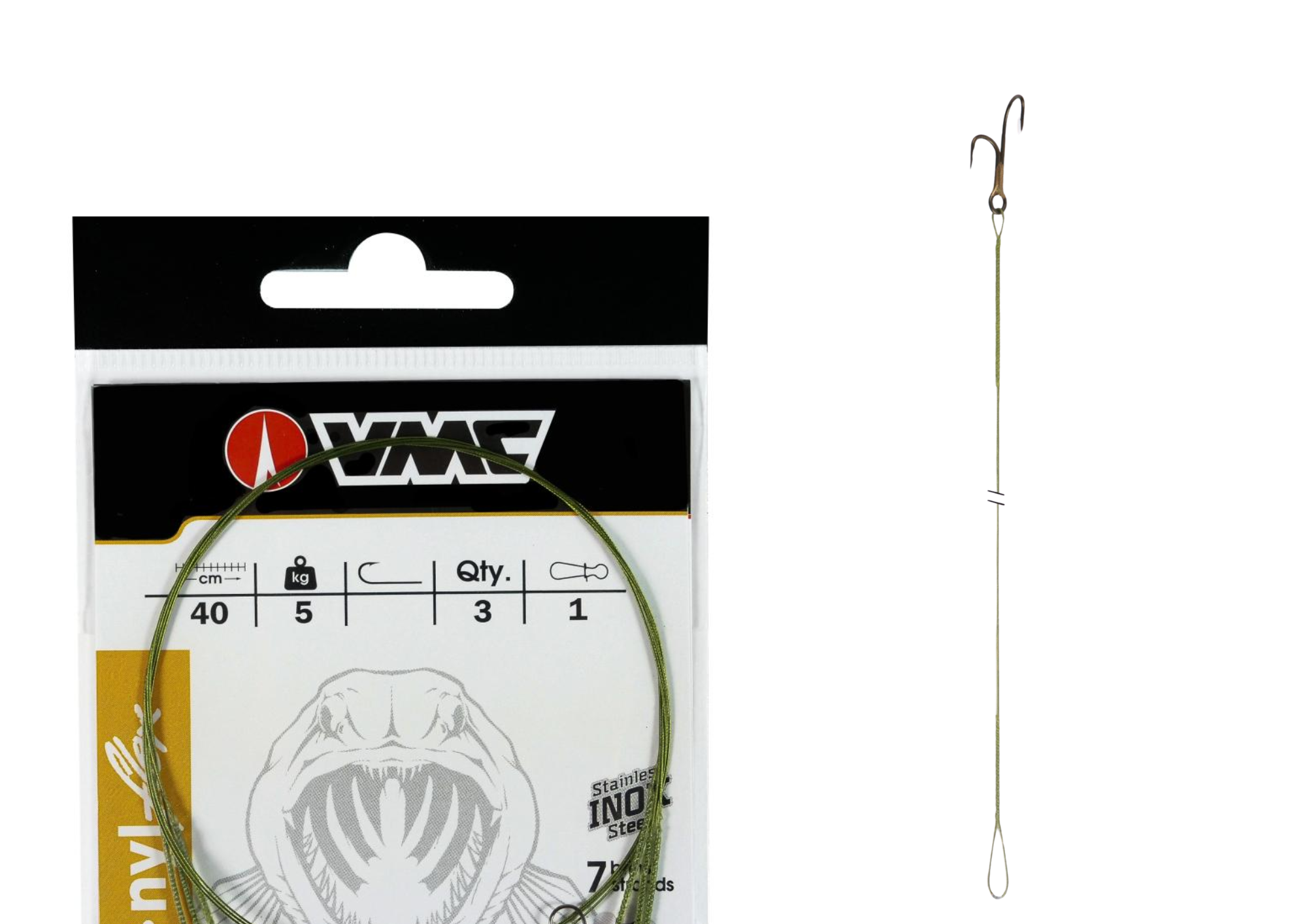 BAS DE LIGNE ACIER GAINE 7 BRINS CARNASSIER NYFLEX HAMECON DOUBLE